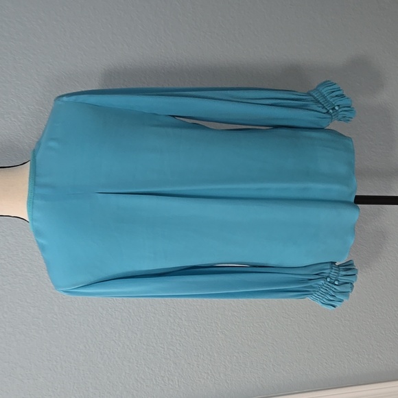 KOBI HALPERIN Miley VNeck Silk Long Sleeve Blouse Aqua Ruffled Cuffs Size MEDIUM - Picture 8 of 10